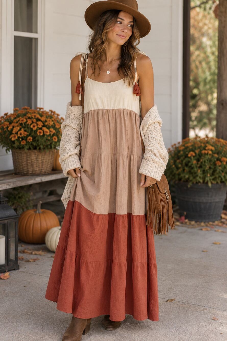 WISHLIST Colorblock Tiered Maxi Dress Size M Boho Tassel Spaghetti Strap Fall